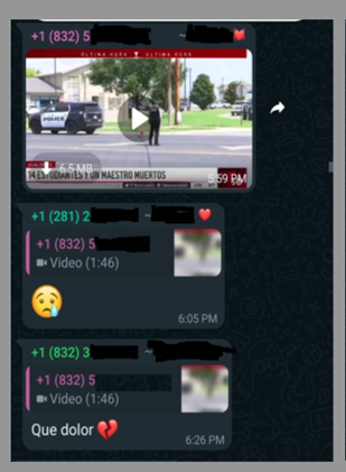 Screenshot of the breaking news video about the Uvalde elementary school shooting and initial reactions. Phone numbers have been redacted for privacy. (Source: DFRLab)