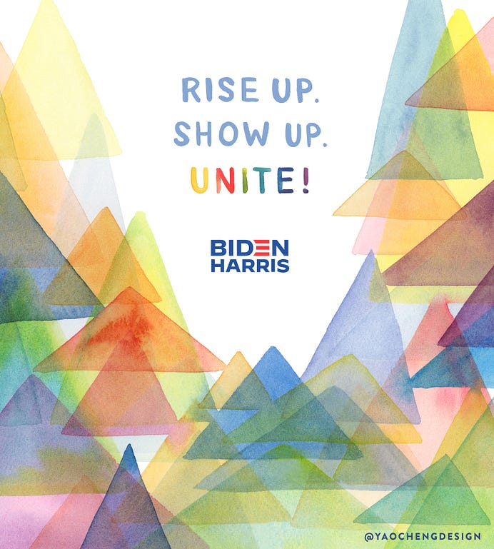 Lettering art of the phrase 'Rise up. Show up. Unite!' by Yao Cheng