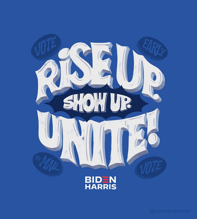 Lettering art of the phrase 'Rise up. Show up. Unite!' by Cymone Wilder