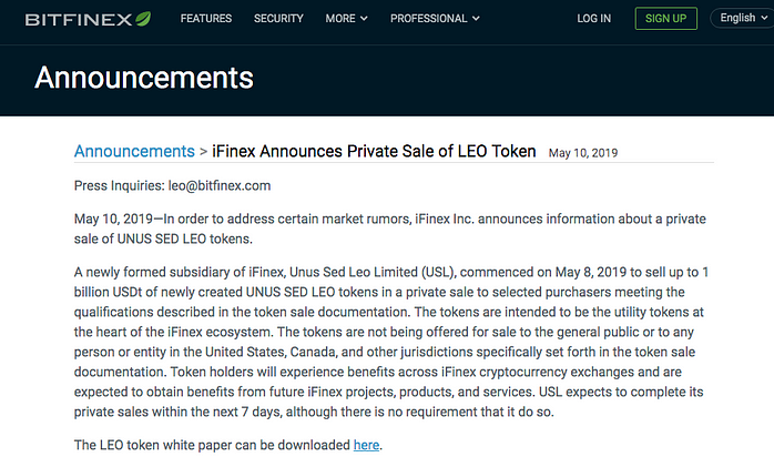 Bitfinex LEO token sale announcement