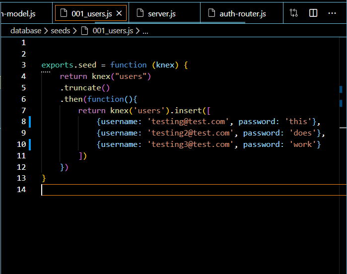 Encrypting Seeded Passwords With Node.js, Knex, and Bcrypt. by Jacob