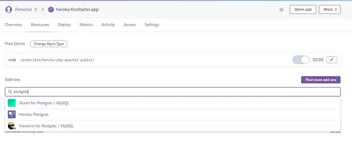 PostgreSQL add-on selected