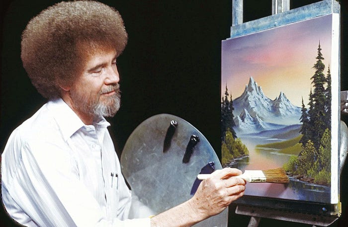 A picture of Bob Ross painting nature.