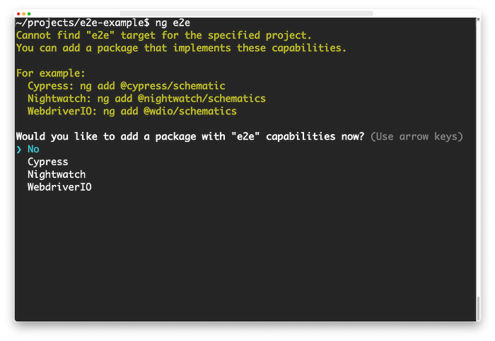 Terminal listing the end-to-end options on the terminal