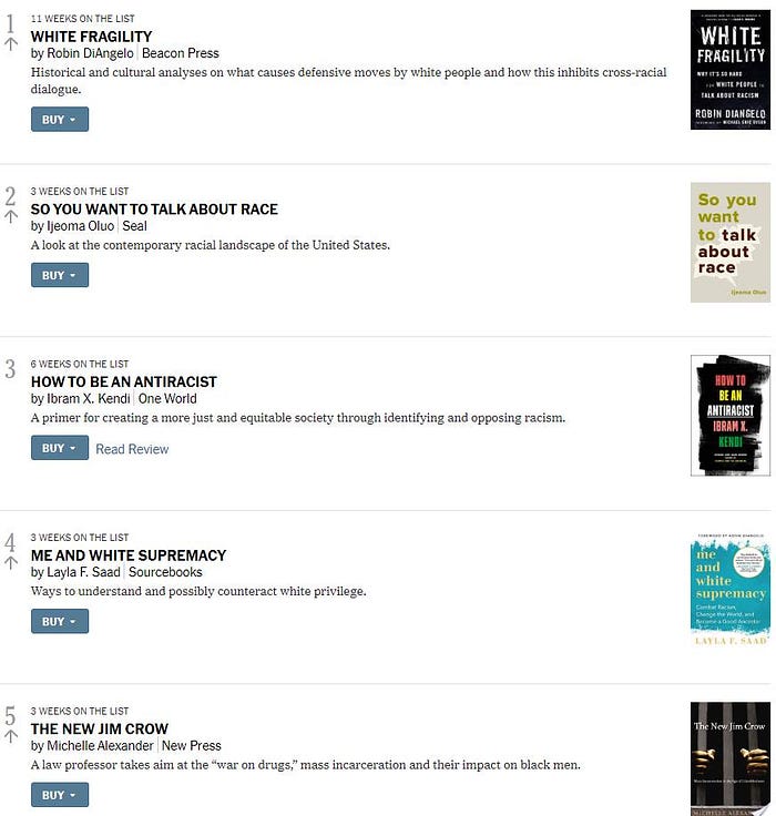A screenshot of the New York Times hardcover bestseller list showing Robin DiAngelo’s book as #1.