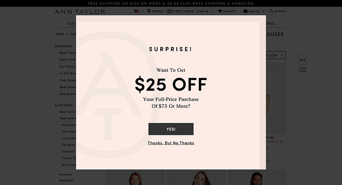 A surprise $25 off modal for a shopping website.
