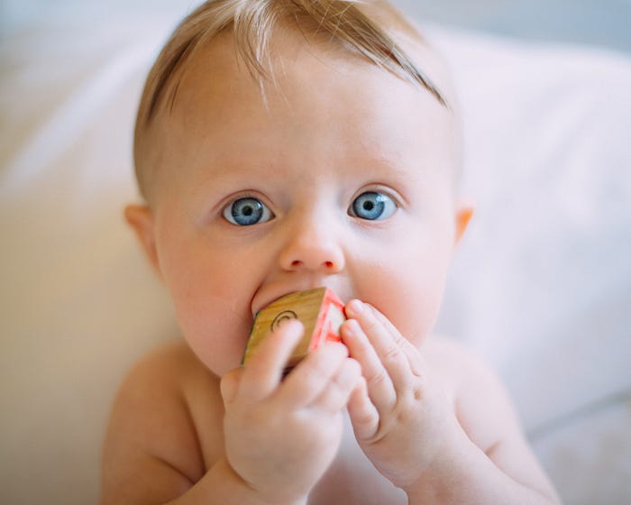 A baby staring into the camera while pushing a wooden block into its mouth