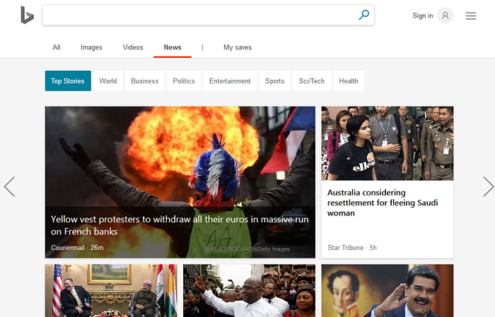 news shown on a display using bing search