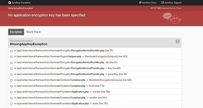 Error message saying that an encryption key hasn’t been specified.