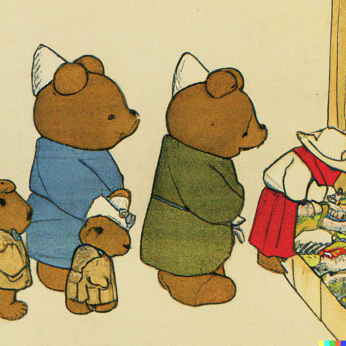 Illustration generated from the input “Teddy bears shopping for groceries in the style of ukiyo-e” using Dall-E 2