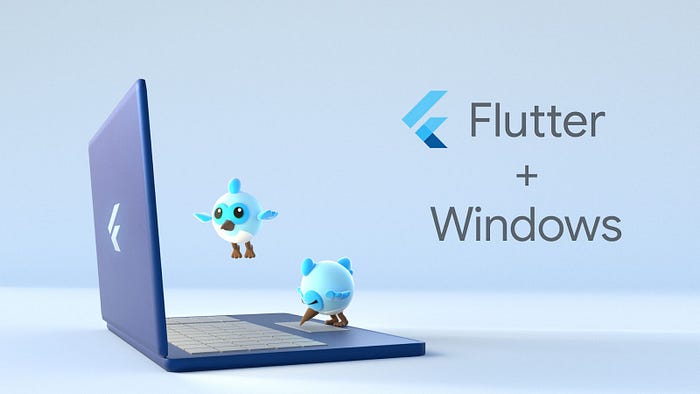Uma imagem de um laptop com dois pássaros azuis claros, representando Dash, o mascote de Flutter e Dart, pairando sobre o teclado.  O texto na imagem diz: “Flutter + Windows”.