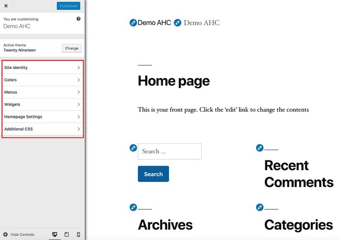 This will display your websites main customization options/settings