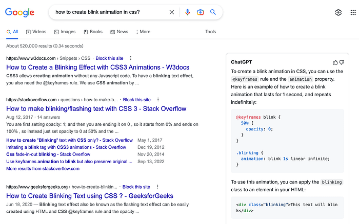 Image that shows how a Chrome extension allows you to have integrated ChatGPT answers in your Google search engine.