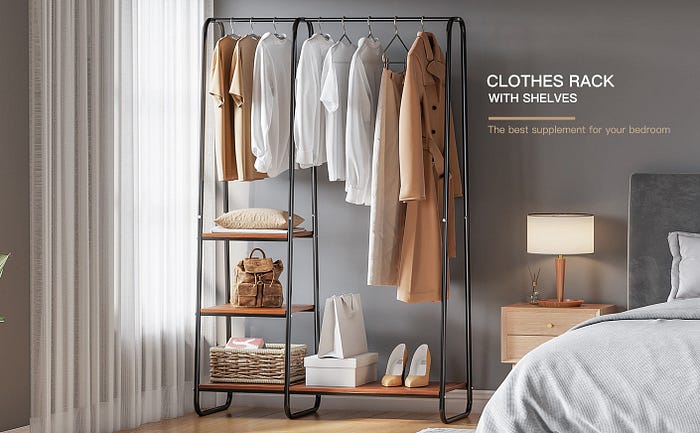 Raybee black metal and wood clothes rack with shelves
