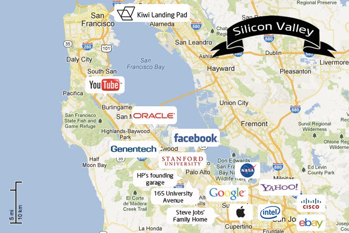 A map of Silicon Valley with logos of companies, such as Facebook, Googe, YouTube, Oracle, and more.