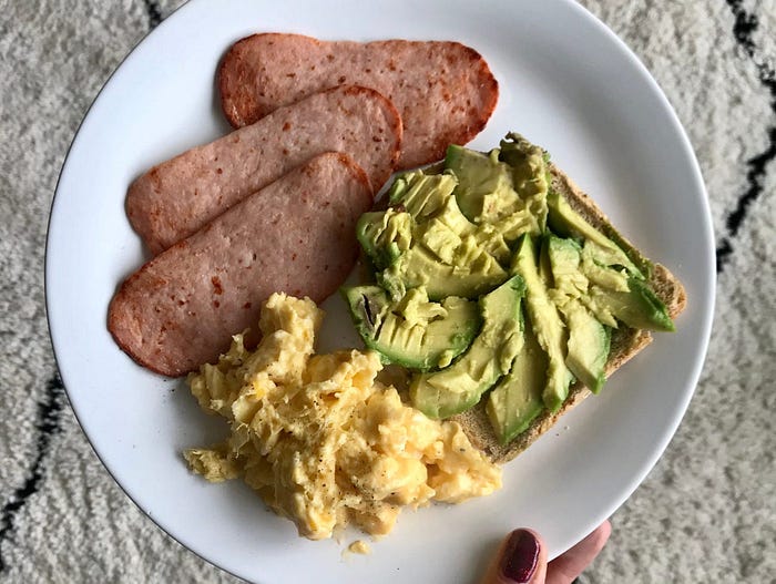 Eggs, turkey bacon and avocado toast is a go-to meal.