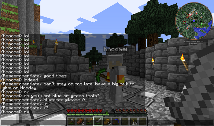 a screenshot of a Minecraft world with a person’s avatar centered in the middle of the screen. In the lower left corner is a large semi-transparent overlay of the text chat. The text in the box is white and close together.