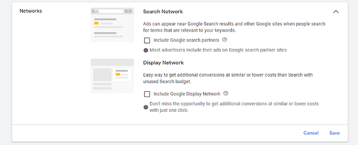 Search and Display network unselected Google Ads