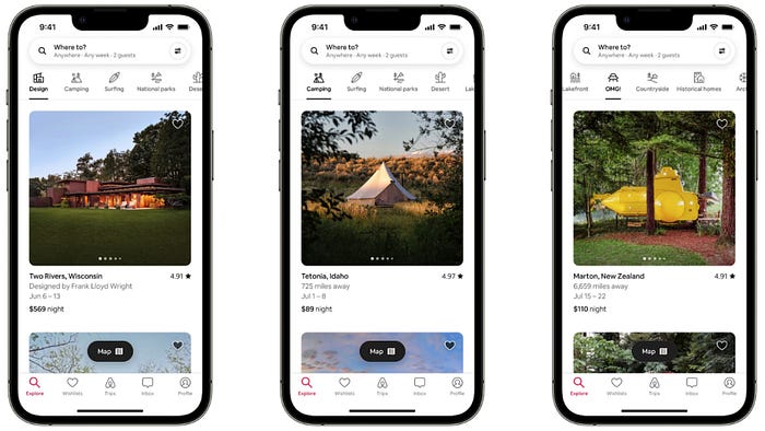 A search screen within the AirBNB mobile interface. The filters on the top are camping, OMG, and surfing — rather than traditional categories.