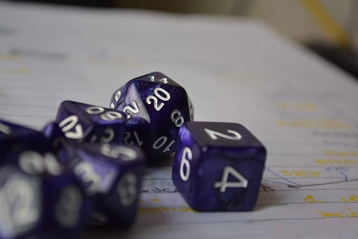 Purple polyhedral dice on a handwritten Dungeons and Dragons character sheet.