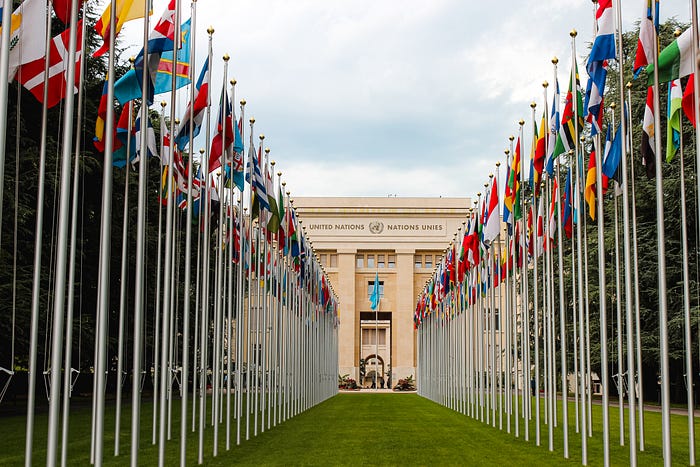 Two rows of flags leading up to United Nations building