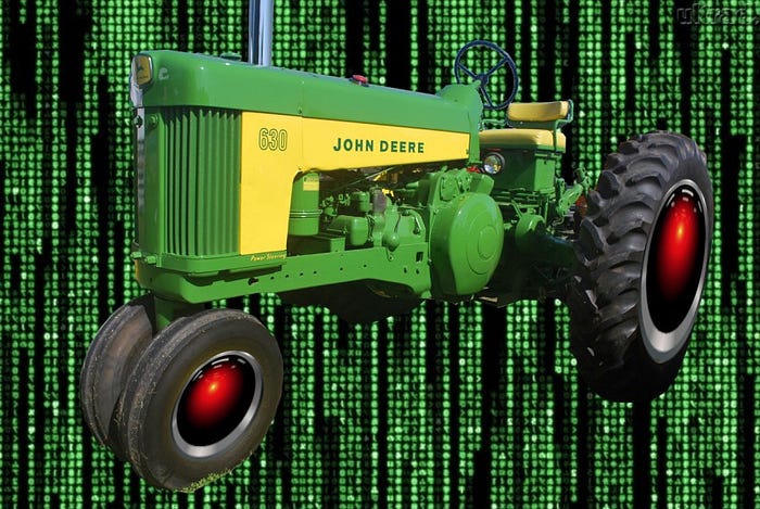 A vintage John Deere tractor whose wheel hubs have been replaced with HAL 9000 eyes, matted over a background of the cyber-waterfall image from The Matrix.
