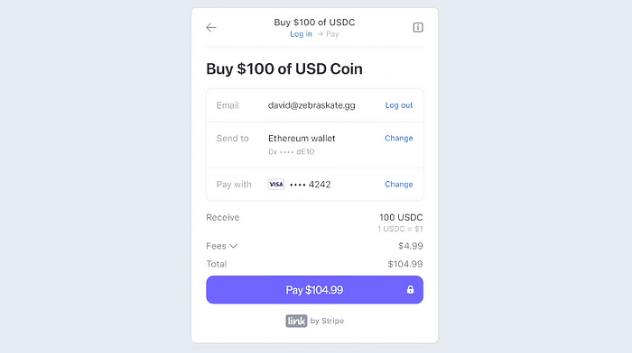 Stripe UI on confirming purchase of $100 worth of USD Coin