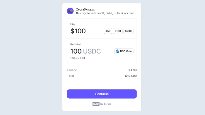 Stripe UI on exchanging $100 USD to 100 USDC including it’s transaction and total fees