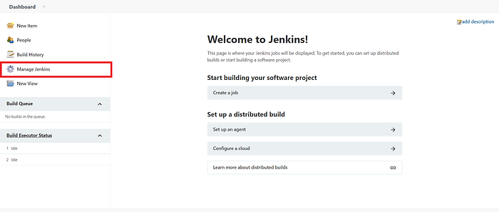 Welcome to Jenkins Dashboard. "Manage Jenkins" button in the left menu is highlighted