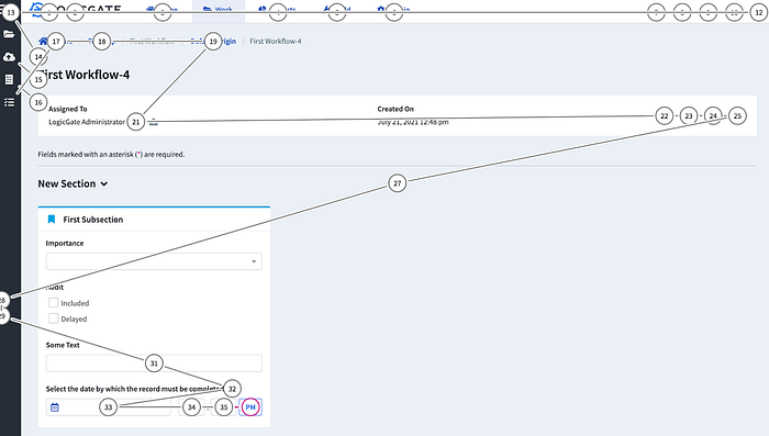 Screenshot of the LogicGate application’s record page with circles denoting which items have tab focus.
