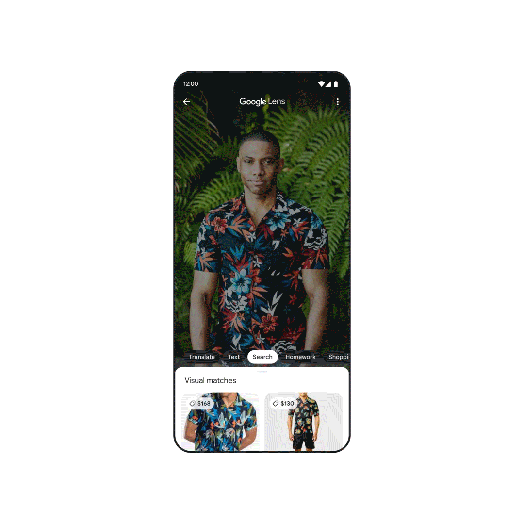 A gif of capturing an image of a tropical shirt in Google Lens, then adding “tie” to the search which leads to search results of tropical ties.