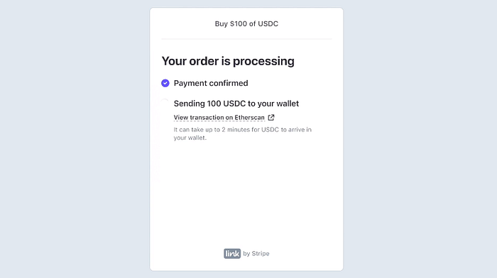 Stripe UI on processing payment and sending it to crypto wallet, included external links to etherscan