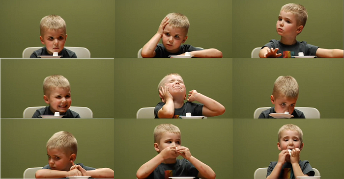 Video screenshots of a child in the experiment attempting to not eat the marshmallow.