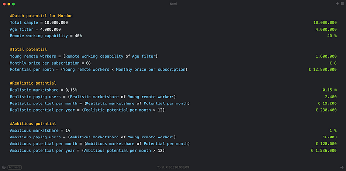 Screenshot of the Numi app, breaking down the calculations.