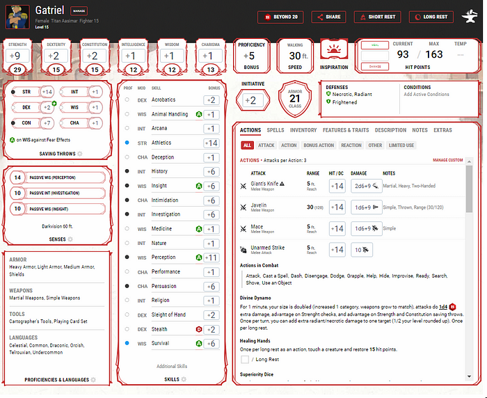 A screenshot of the DnDBeyond character sheet for a character named Gatriel. She is a Titan Aasimar Fighter level 15.