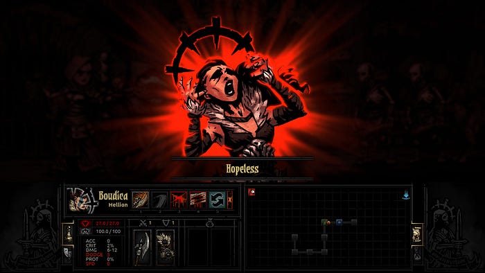 Screenshot from The Darkest Dungeon, showing a woman screaming with a battle menu underneath her.