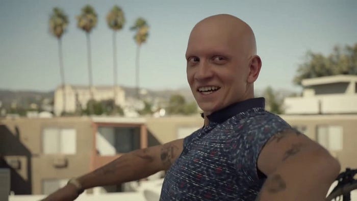 NoHo Hank dancing on the rooftop outside Barry’s apartment, as he smiles at the Barry.