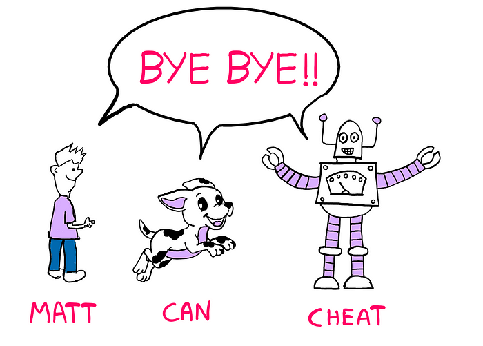 Can You Really Solve This Tricky Logic Puzzle? — An illustration showing Matt — a human being on the left, Can — A puppy at the centre, and Cheat — a robot on the right. All three of them are seen saying “BYE BYE!” together.