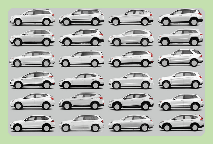 Image of 24 white midsize SUVs that look the same