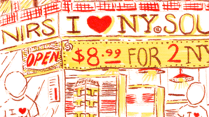 An illustration of a fictional gift shop in New York City. The “I Love New York” logo is seen prominently on the sign board.