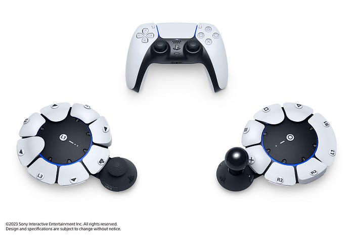 On a white background, a PS5 controller is positioned above two circular Project Leonardo controllers.