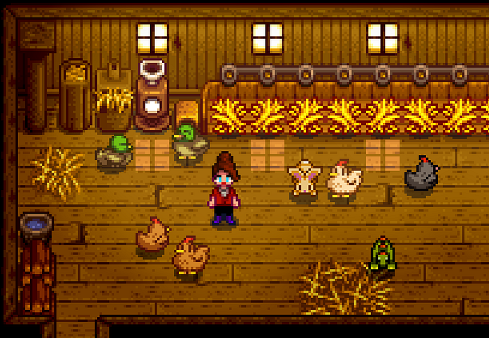 The interior of a chicken coop. There are two ducks, four chickens, a rabbit, a small green lizard, and a woman.