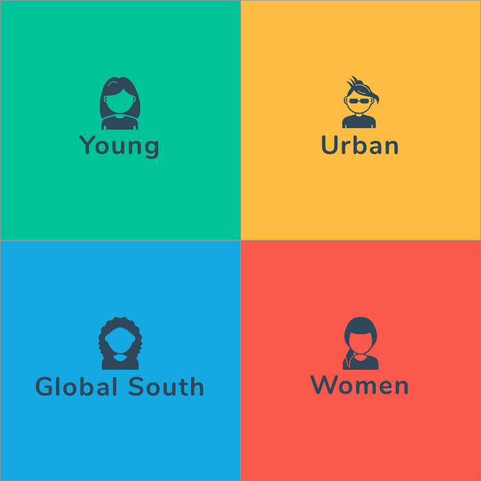 4 color image with icons representing young, urban women from the global south