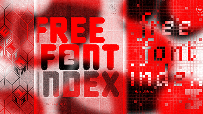 Book cover jackets for all three Free Font Indexes, with the first and and third volume being cropped-out and not in full view. Image is re-colourised in red, black and white.