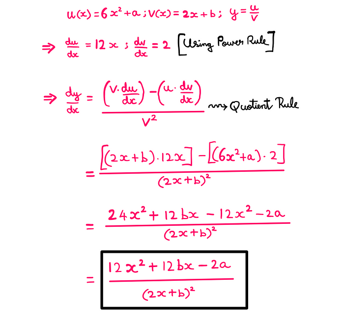 Calculus (X): How To Really Understand The Quotient Rule — White board graphics showing the following: u=6x²+a; v=2x+b; y=u/v; du/dx=12x and dv/dx=2 (using the power rule); dy/dx = [(v×du/dx)−(u×dv/dx)]/v² (quotient rule); → dy/dx = [[(2x+b)×12x]−[(6x²+a)×2]]/(2x+b)²= [12x²+12x−2a]/(2x+b)²