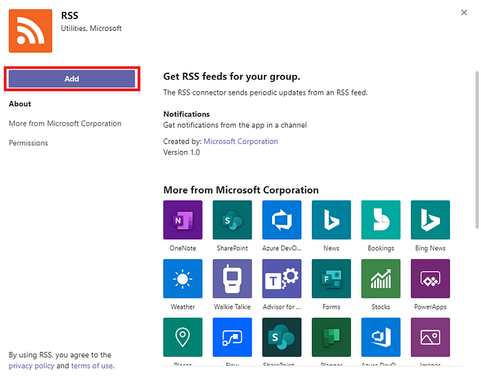 Microsoft Teams RSS Connector with Description highlighted and Add button circled