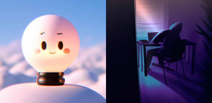 Two images. The first image depicts a lightbulb with a happy face. The second image depicts a room with someone sitting behind their laptop while being watched at night.