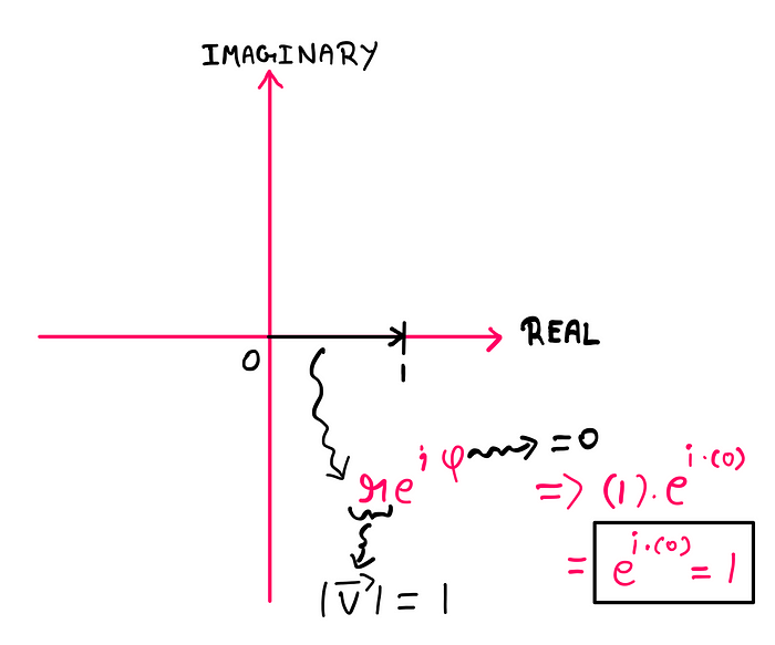 How To Intuitively Understand Euler’s Identity? A vector from the origin of the complex plane to ‘1’ on the positive real axis. Such a vector has a magnitude of 1, and the angle of rotation is 0 radians. Therefore, the complex number is represented as 1*e^(i*0) = 1