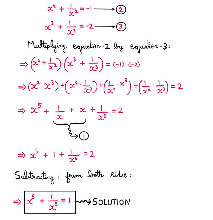 How To Really Solve This Tricky Algebra Problem (XII) — A whiteboard style graphic-illustration showing the following information: Equation-2: x² + (1/x)² = −1; Equation-3: x³ + (1/x³) = −2; Multiplying equation-2 and equation-3: [x² + (1/x)²]*[x³ + (1/x³)] = (−2)*(−1); x⁵ + 1/x + x + 1/x⁵ = 2; x⁵ + 1/x⁵ + 1 = 2; Subtracting 1 from both sides: Solution: x⁵ + 1/x⁵ = 1