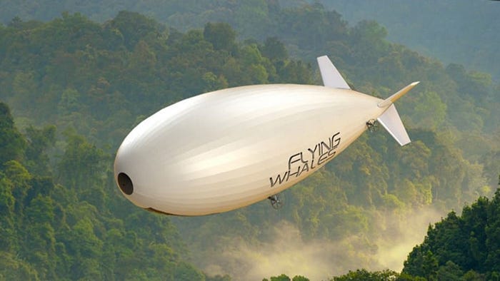 How Are Big Airships Really Making A Comeback Again? — A rendered image of a Flying Whales prototype (Image Credit: Flying Whales) — A white whale like airship with fins floating over a rain-forest like region.